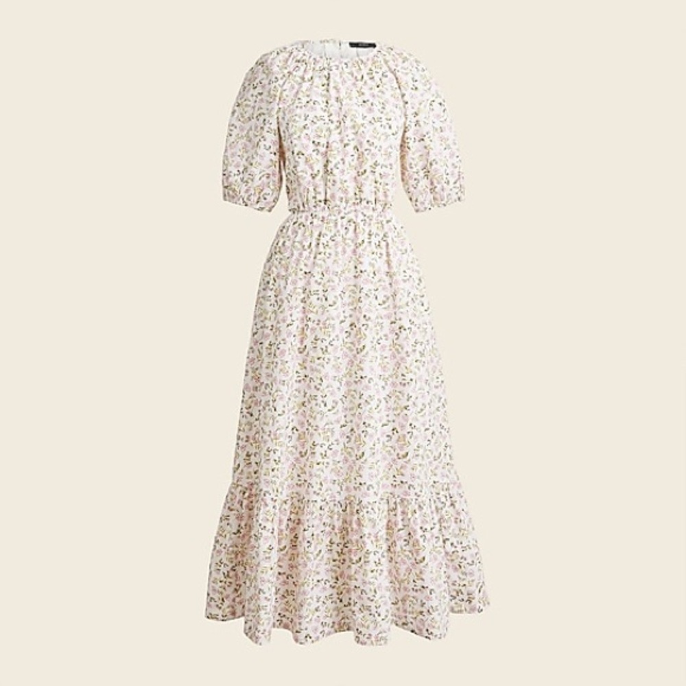 White J Crew dress with pink floral pattern and open elastic back.
